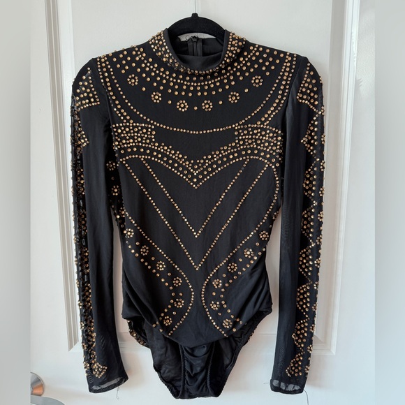 Black Long-Sleeve Glamour Costumes Leotard with Gold Gems - Picture 1 of 5